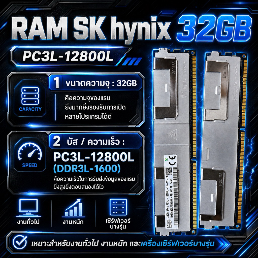RAM ECC DDR3 32GB SK hynix PC3L-12800L 1600MHz LRDIMM แรมเซิร์ฟเวอร์ RAM Server มือสอง สภาพดี