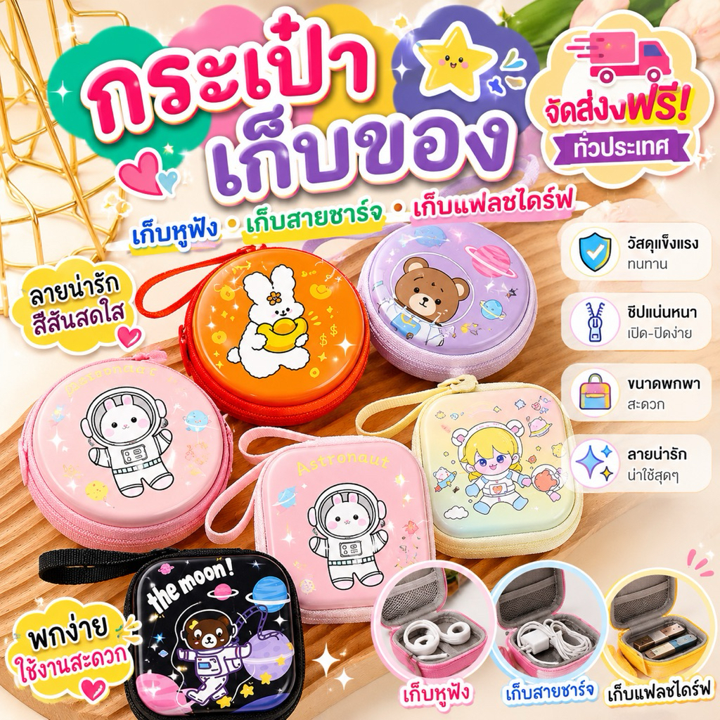 kingshopping (SNH72)(ร้านไทย)กระเป๋าเก็บหูฟัง สายชาร์จ คละลาย แบบกลม-สี่เหลี่ยม(เหมาะสำหรับเด็กและผู้ใหญ่)