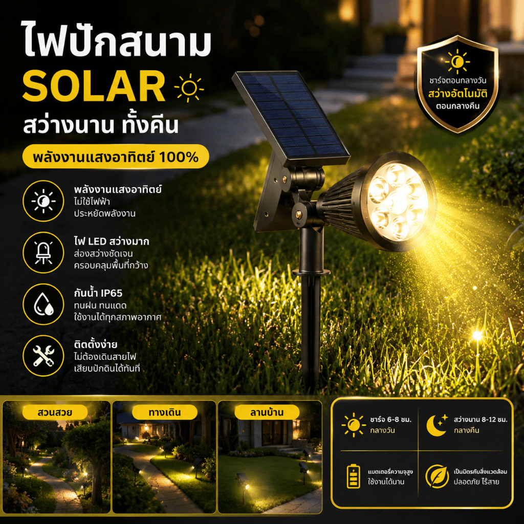 โคมไฟสนามโซล่าเซลล์ 18 ดวง กันน้ำ IP65 ติดตั้งง่าย