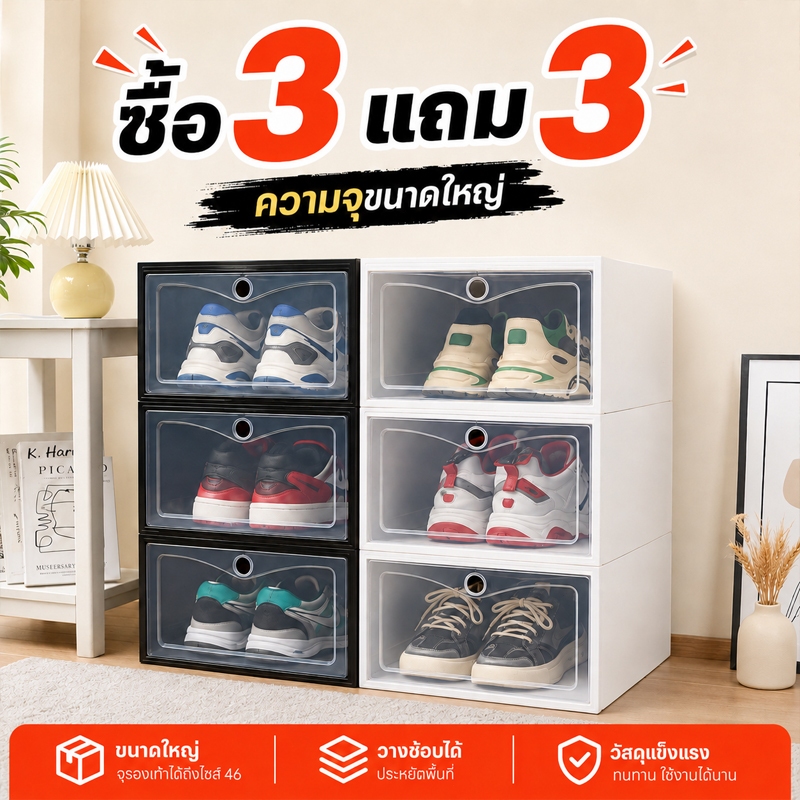 【ได้รับสินค้า 6 ชิ้น】กล่องรองเท้า กล่องใส่รองเท้า กันน้ำกันฝุ่น ฝาโปร่งใส  หลายสีหลายขนาด ซ้อนกันได้