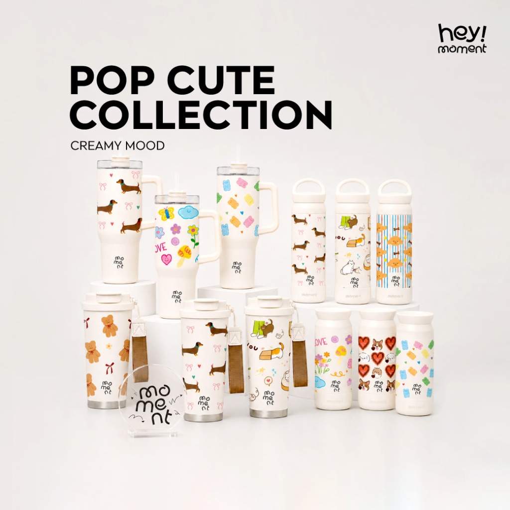 [รวมทรง] Moment แก้วเก็บความเย็น SUS316+เซรามิก รุ่น POP CUTE COLLECTION (สีครีม) ลายน่ารักสไตล์เกาหลี สีครีมละมุน