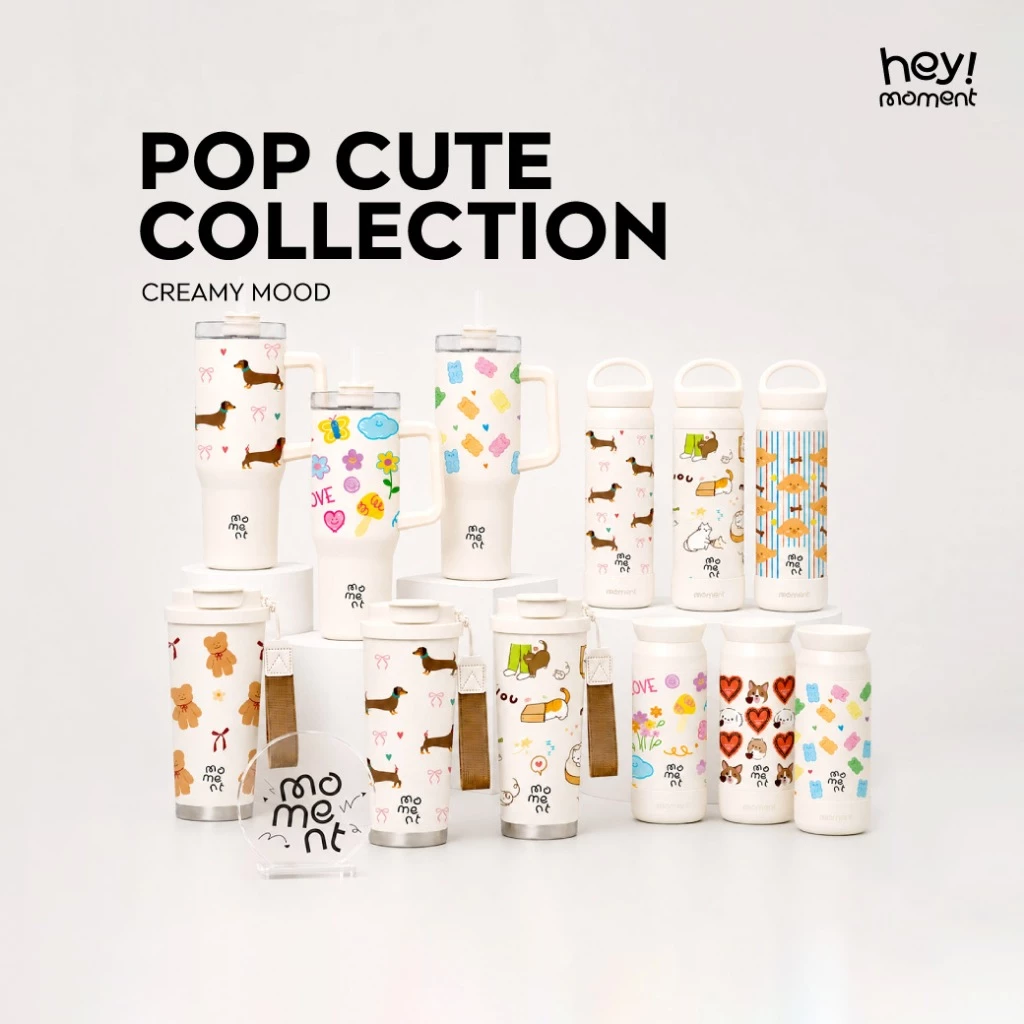 [รวมทรง] Moment แก้วเก็บความเย็น SUS316+เซรามิก รุ่น POP CUTE COLLECTION (สีครีม) ลายน่ารักสไตล์เกาหลี สีครีมละมุน