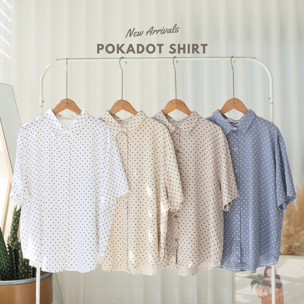 pokadot shirt เชิ๊ตลายจุด ผ้าฝ้ายผสมลินิน ผ้าอยู่ทรง ทิ้งตัว แต่งกระดุมหลังปลดได้