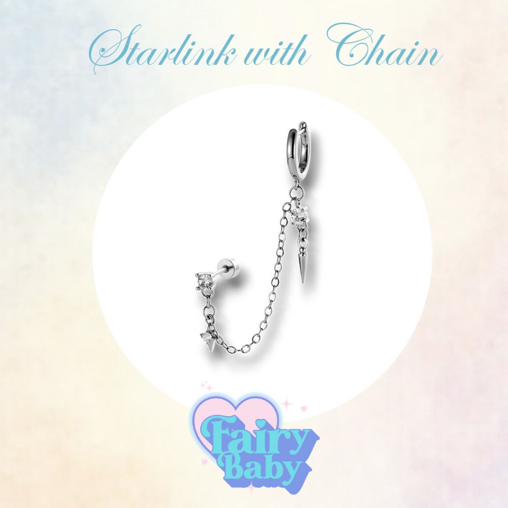 Fairybaby จิว Starlink with Chain ( 1 ชิ้น ) แป้นแบน จิวตุ้มหู โซ่ยาว เท่ๆ  (J3-204)