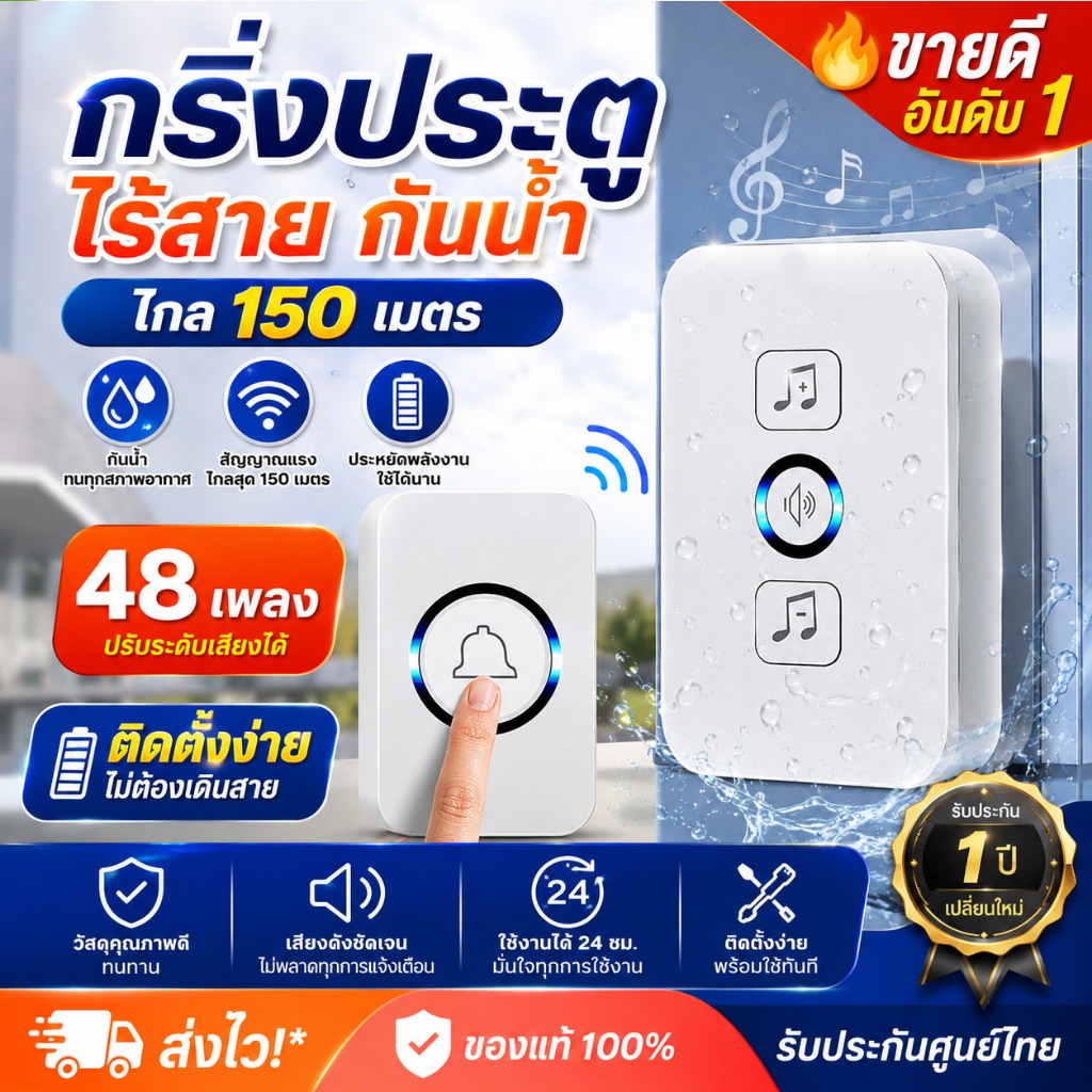 กริ่งประตูไร้สายดิจิตอล กันน้ำ ระยะไกล 300 เมตร ปรับเสียงได้ 45 แบบ ติดตั้งง่าย