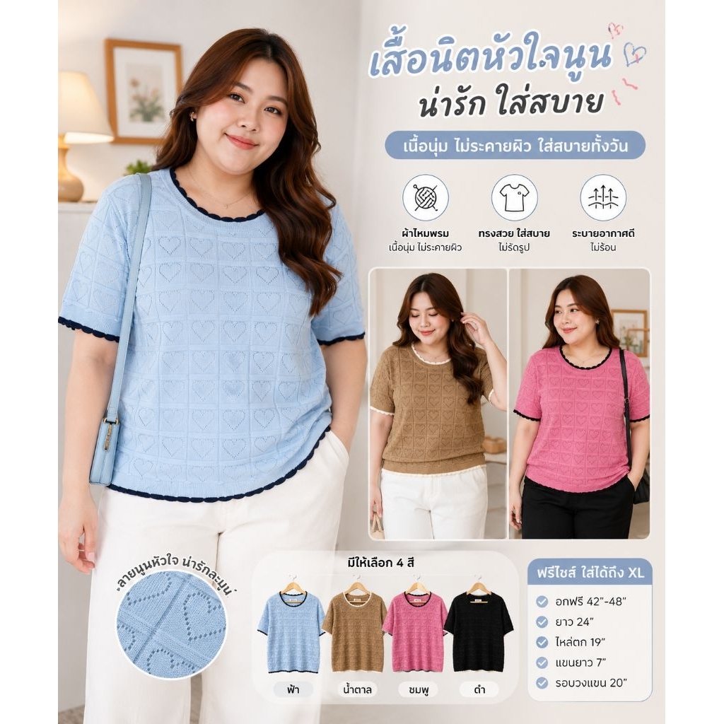 เสื้อไหมพรมแต่งคอหยักทูโทน ทอลายฉลุหัวใจ Vivi