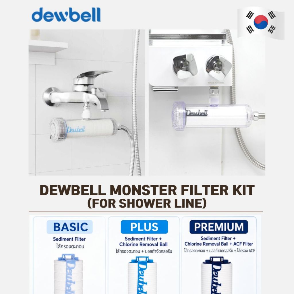 DEWBELL - Monster Filter(F15) Showerline ชุดกรองใหญ่พร้อมสายต่อสำหรับหัวฝักบัว Made in Korea ระบบกรอง 3 ขั้นตอน