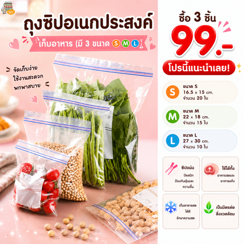ถุงซิปใส ใส่อาหารแห้งอาหารสด ซิปแข็งแรงถนอมอาหาร มี 3ขนาด S,M,L