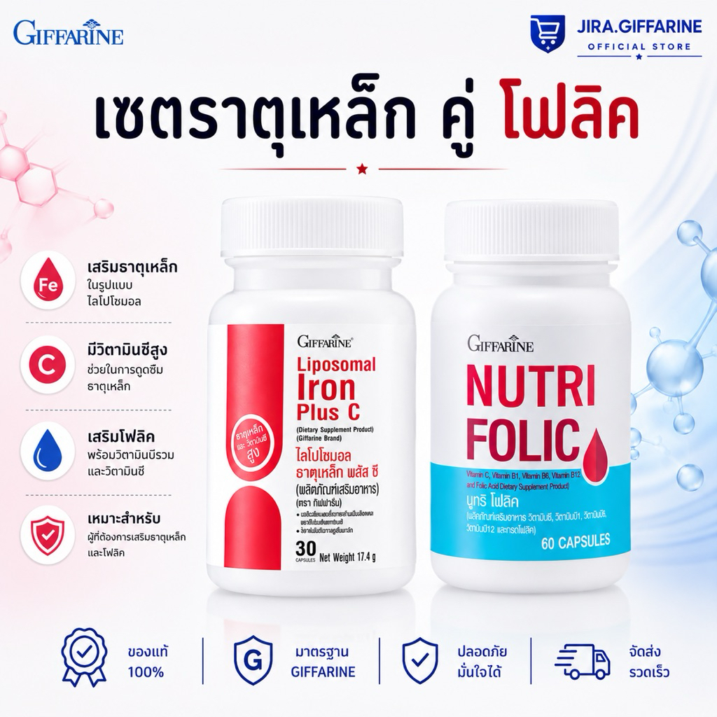 (แพ็คคู่) ธาตุเหล็ก ไลโปโซมอล Liposomal Iron Plus โฟลิค C Folic กิฟฟารีน