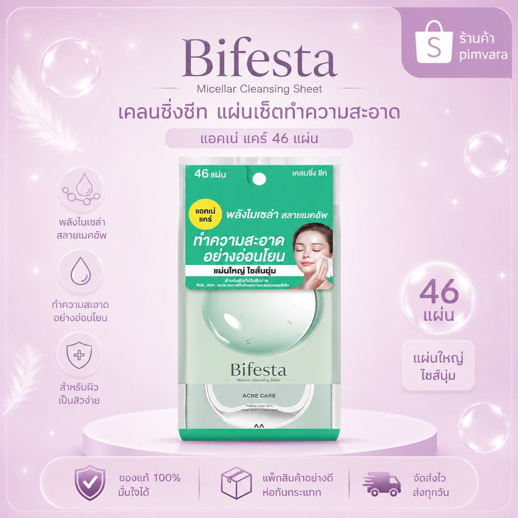 มีส่งด่วน📌หมดอายุปี 28💚Bifesta บิเฟสต้า เคลนซิ่ง ชีท แอคเน่ แคร์ 46 แผ่น