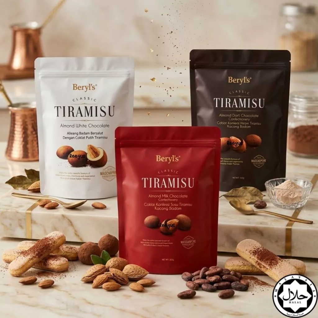 Beryl's Tiramisu Almond 300g ช็อกโกแลตไส้อัลมอนด์เคลือบผงทิรามิสุ มีประมาณ 55 ชิ้น มีฮาลาล จากมาเลเซีย