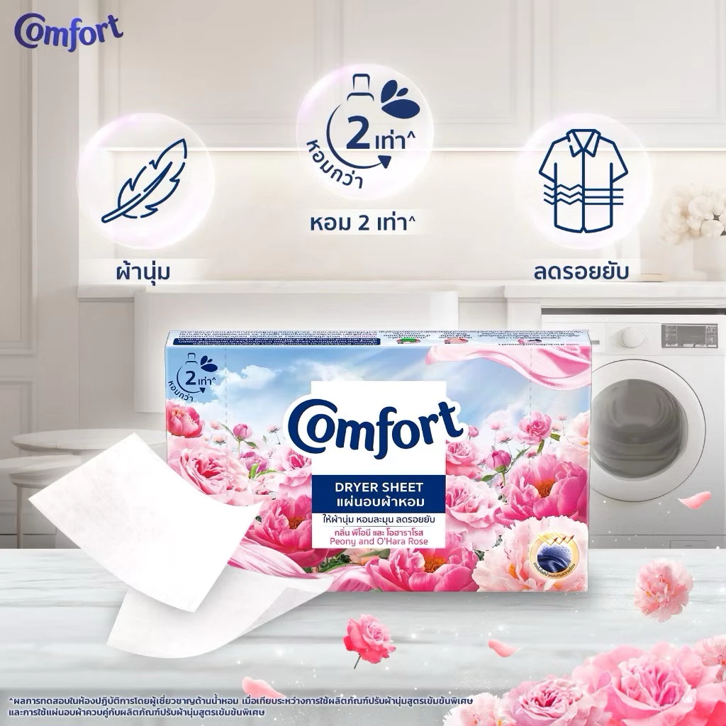 พร้อมส่ง (แผ่นอบผ้าหอม) คอมฟอร์ท ให้ผ้านุ่ม หอมละมุน ลดรอยยับ Dryer sheet 40 แผ่น/1กล่อง