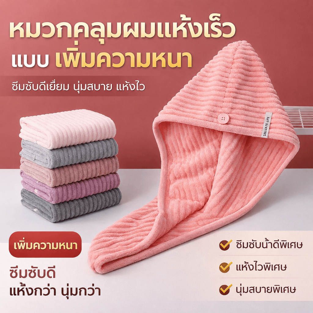 หมวกคลุมผมแห้งเร็ว ผ้าเช็ดผมซึมซับดีเยี่ยม แบบหนาพิเศษ นุ่มสบาย แห้งไว