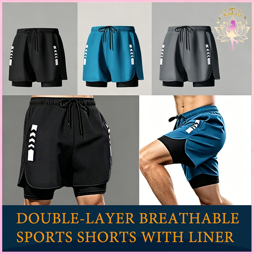 Unisex 2-in-1กางเกงขาสั้นวิ่งกางเกงขาสั้นขี่จักรยานกางเกงกีฬาตาข่ายกางเกงขาสั้นสองชั้นกางเ ไซส์ใหญ่ แบบแห้งเร็ว ระบายอาก