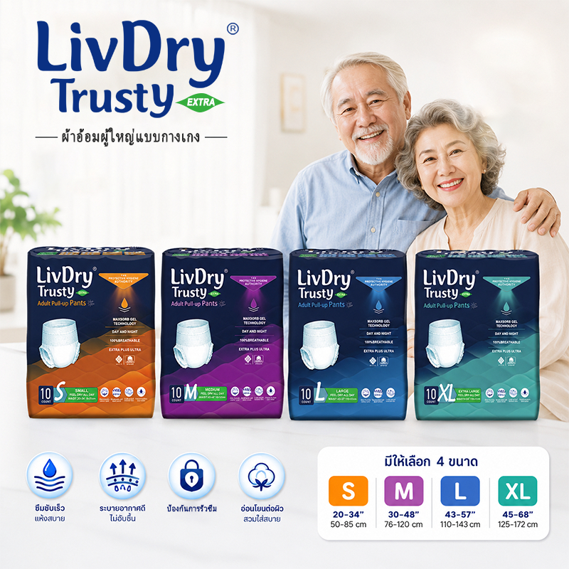 LivDry ผ้าอ้อมผู้ใหญ่ ใช้ได้ทุกเพศและเปลี่ยนได้ง่าย S/M/L/XL (1 แพ็ค/10 ชิ้น) แบบกางเกง นุ่มสบาย ซึมซับมากถึง 1800ซีซี
