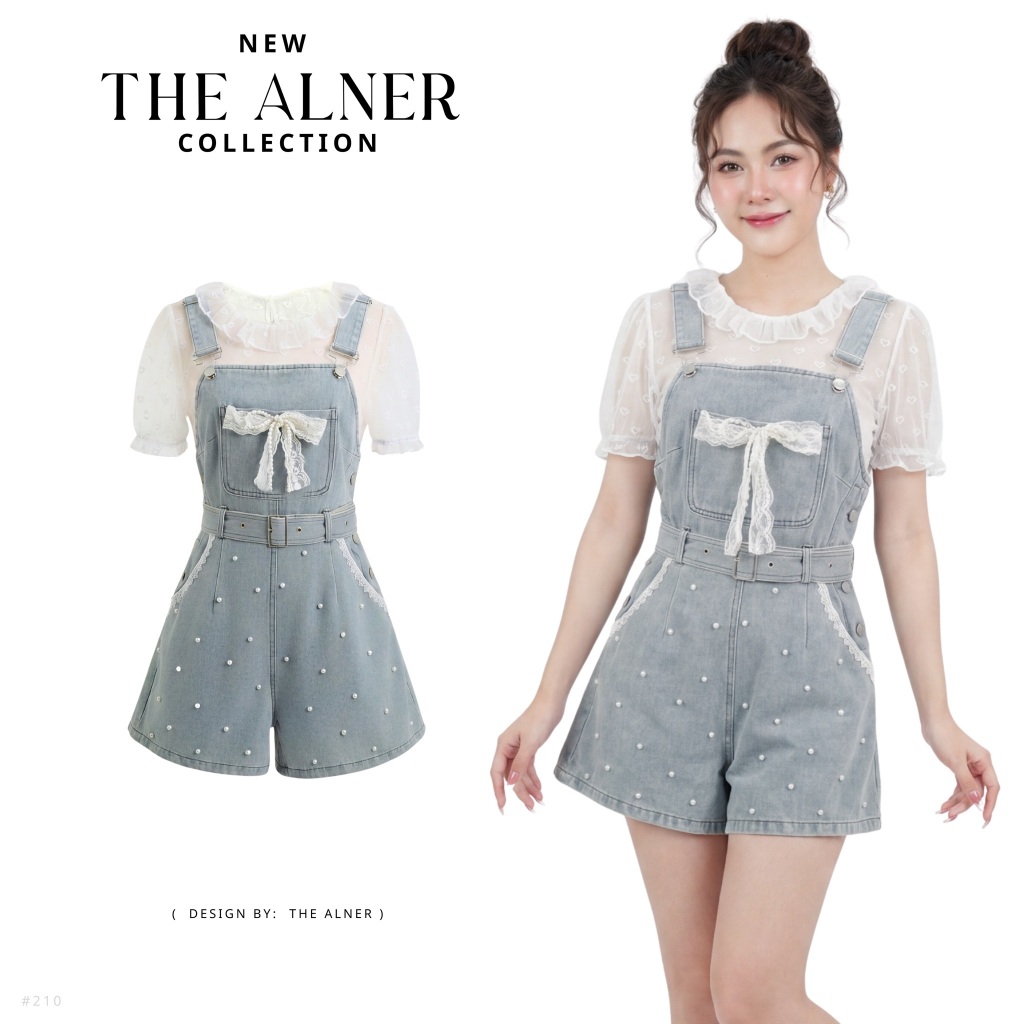 Thealner-AN210 (เอี้ยมยีนส์ขาสั้นแต่งมุก+เสื้อขาว)