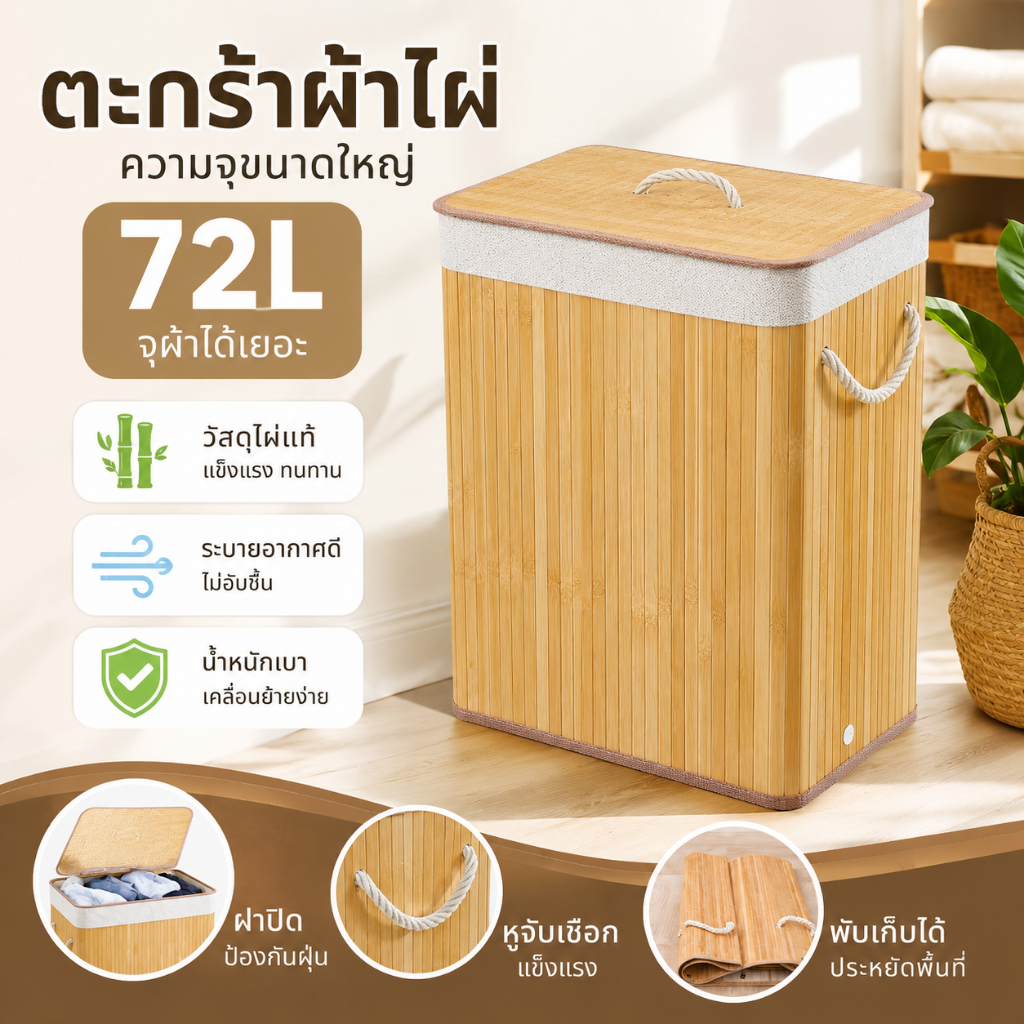 BAANHARDWARE ตะกร้าไม้ไผ่  มีฝาปิด สไตล์ญี่ปุ่น มินิมอล ใส่ของได้อเนกประสงค์ ตะกร้าเก็บผ้า LG-S001