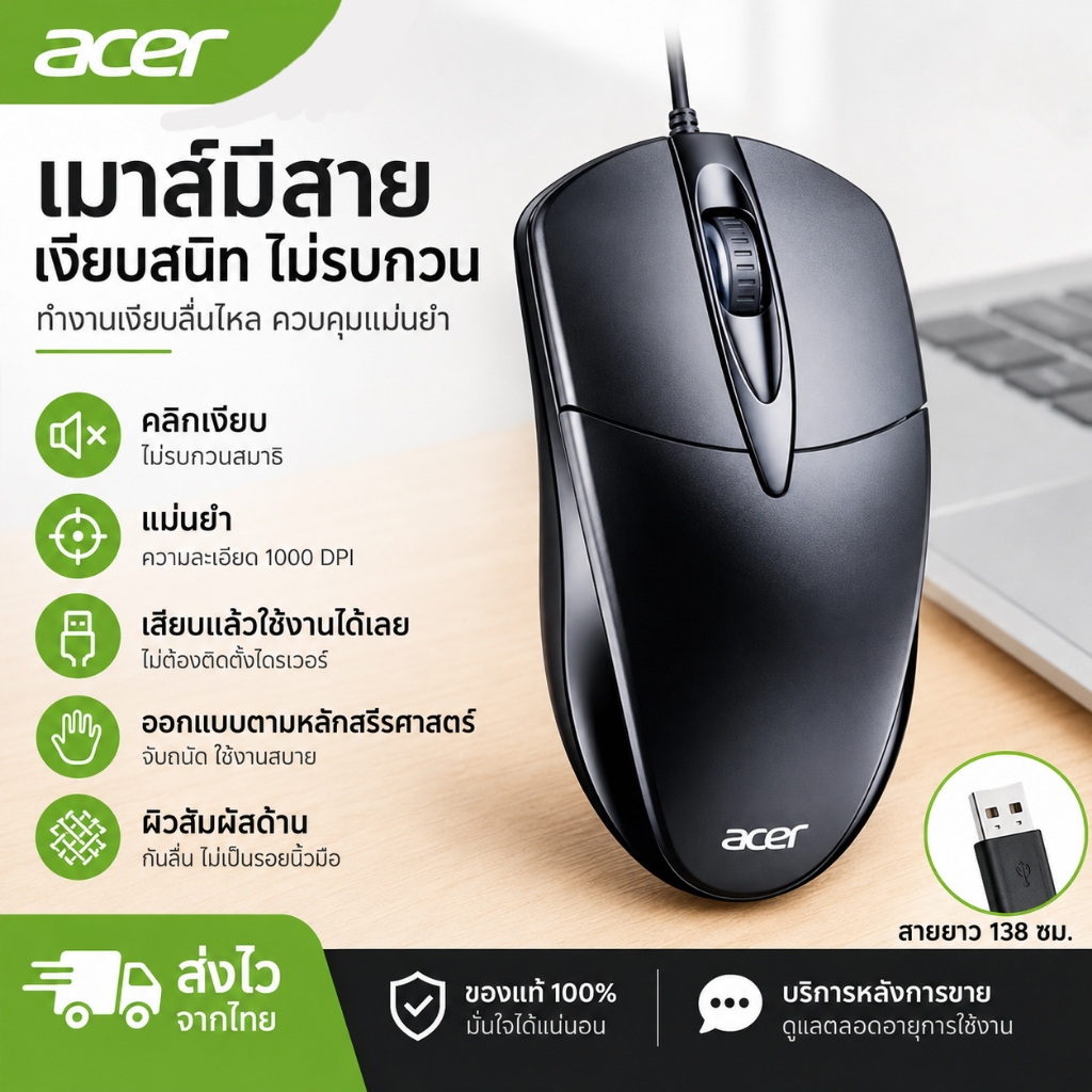 เมาส์แบบมีสาย Acer M119 ออกแบบตามหลักสรีรศาสตร์ มีปุ่มกดเงียบ จับถนัดมือ และใช้งานได้กับทั้งระบบ น้ำหนักเพียง 95 กรัม