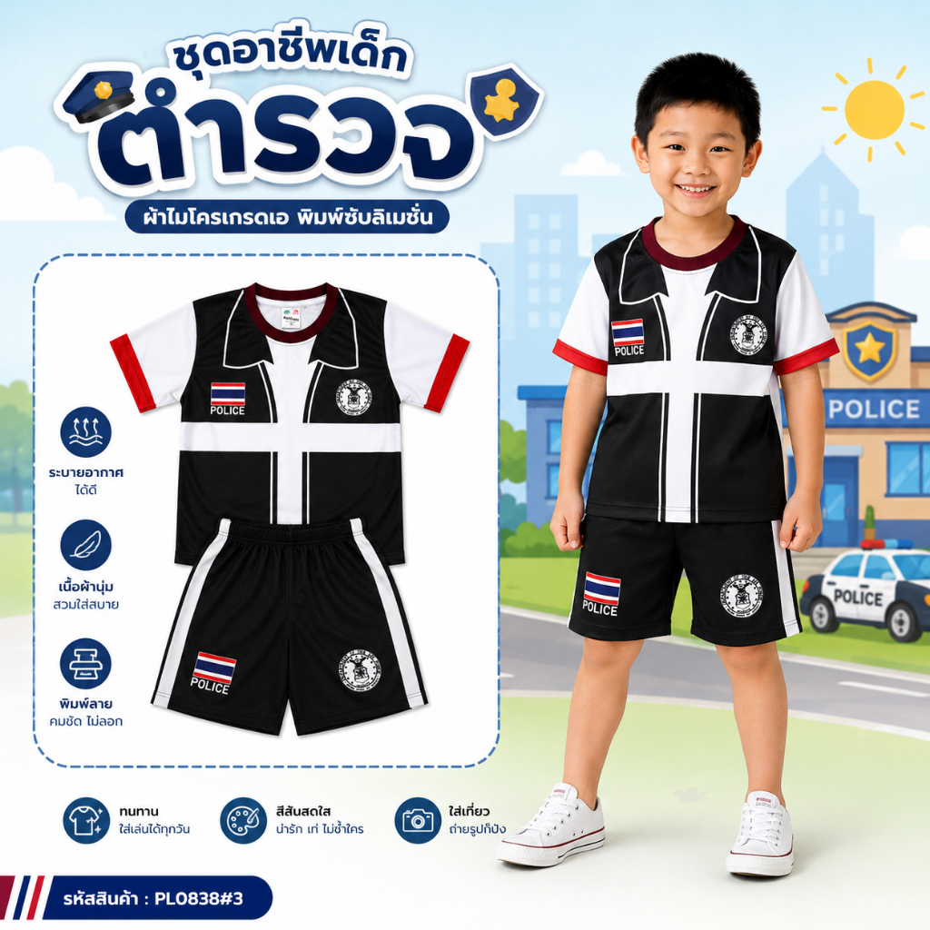 (PL0838#3) ชุดเด็ก ชุดอาชีพเด็ก เสื้อแขนสั้น+กางเกงขาสั้น ผ้าไมโครเกรดA ลายชุดตำรวจ สายสืบ เสื้อผ้าเด็ก ชุดเด็กแฟชั่น