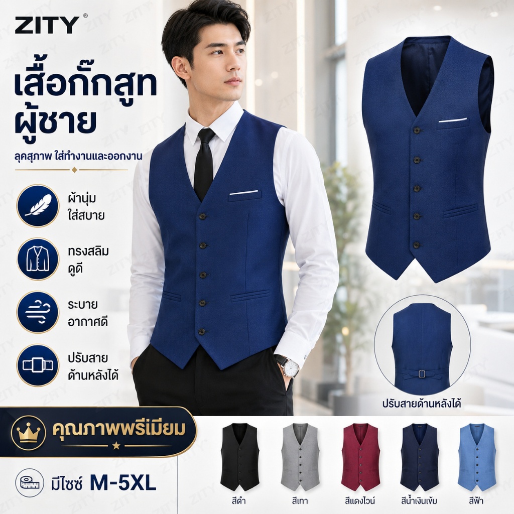 เสื้อกั๊กคอวีแฟชั่นสำหรับผู้ชาย เสื้อกั๊กหลายกระเป๋า ผลิตจากวัสดุคุณภาพ เหมาะสำหรับสวมใส่ลำลองและทำงาน