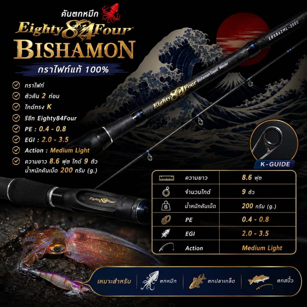 [พร้อมส่ง] คันตกหมึก 🦑 กราไฟท์ Eighty84Four BISHAMON 8.6 ฟุต 2 ท่อน
