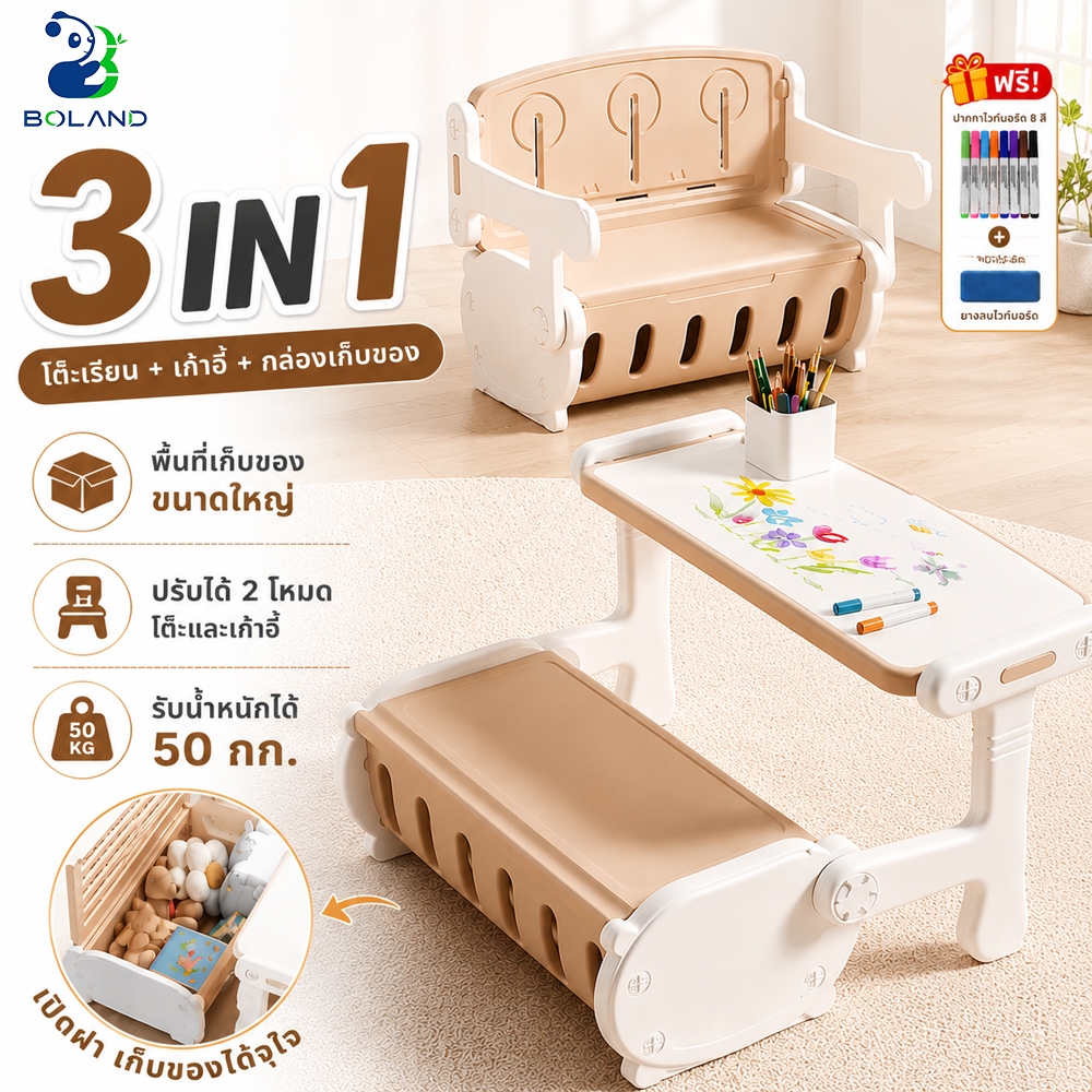 Boland โต๊ะเด็ก 3IN1 โต๊ะเขียนหนังสือเด็ก โต๊ะอ่านหนังสือ พร้อมเก้าอี้เด็ก กล่องเก็บของในตัว กระดานไวท์บอร์ด วาดรูปได้
