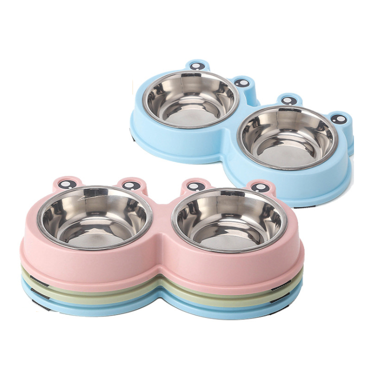 AL-4220 ชามอาหารสัตว์เลี้ยง พร้อมถ้วยสแตนเลส 2 ชาม ทรงกบ ชามอาหารหมาแมว ขายเเยก พร้อมส่ง