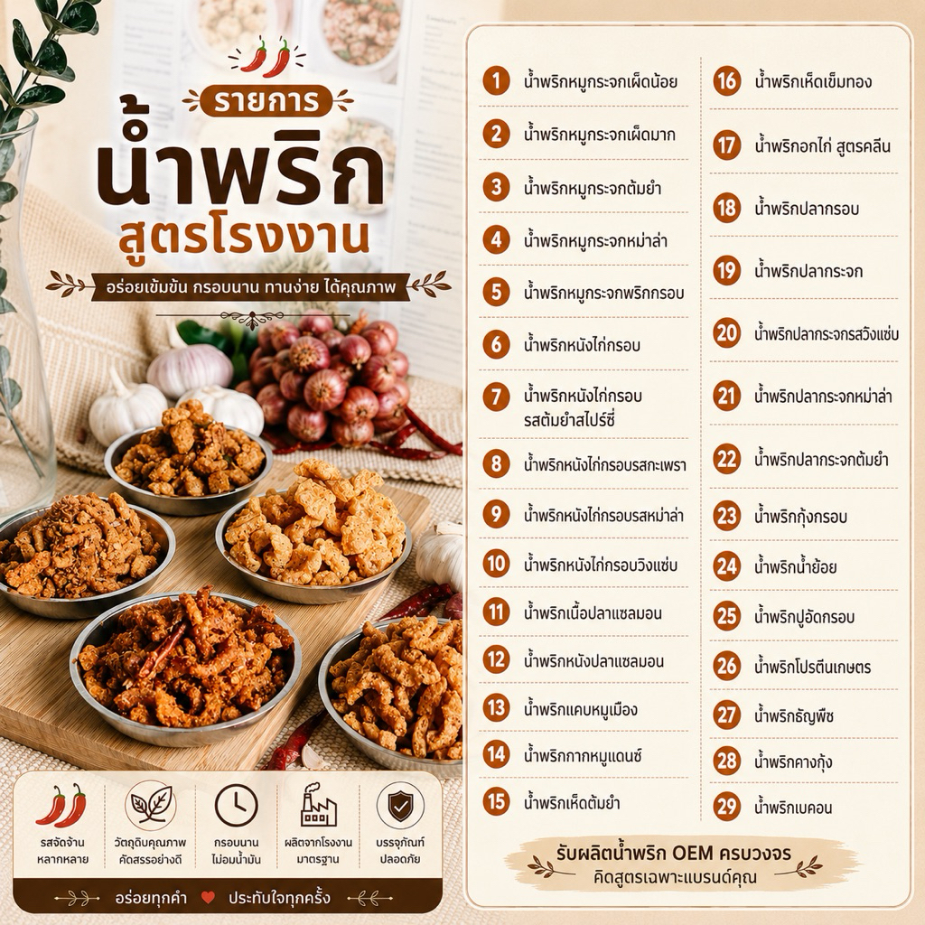 Oem foods น้ำพริกสูตรโรงงาน ขนาด 80 กรัม ไม่ใส่สารกันเสีย มีทั้งหมด 32 สูตร