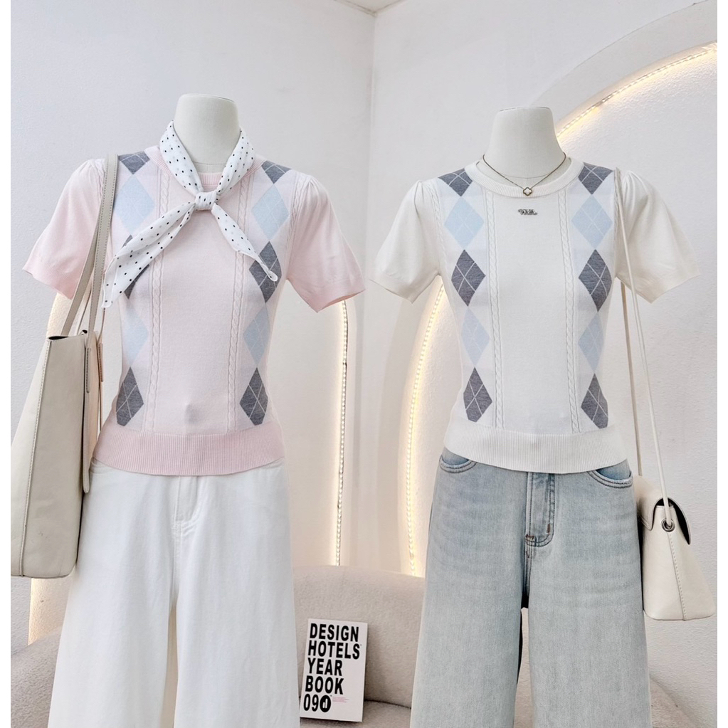 WA YA เสื้อไหมพรมลายข้าวหลามตัด สีพาสเทล