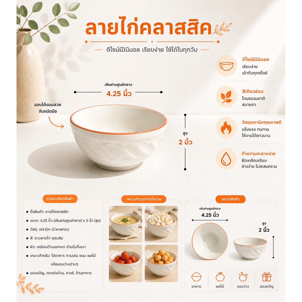จานชามขอบส้มลายไก่คลาสสิค ทนต่อความร้อน สามารถใช้ได้กับไมโครเวฟและเครื่องล้างจาน