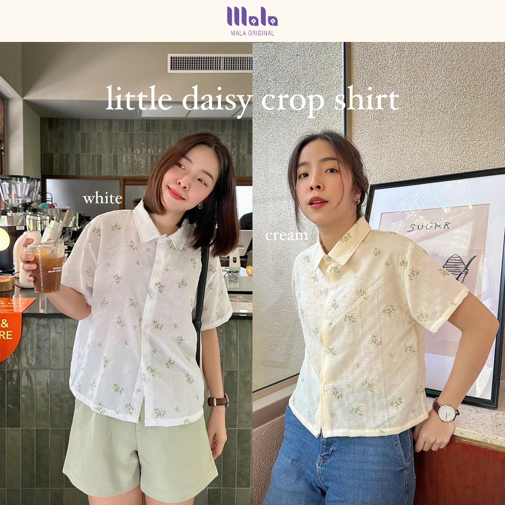 MalaOriginal |【พร้อมส่ง】Little Daisy Crop Shirt 🌼 เสื้อเชิ้ตครอป แขนสั้น ไม่ต้องรีด ลายดอกเดซี่คิ้วท์ๆ
