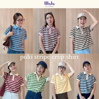 MalaOriginal |【7 สี】Polo Crop Stripe🍡 เสื้อโปโลลายทาง ทรงครอป ไม่ต้องรีด ลายทาง