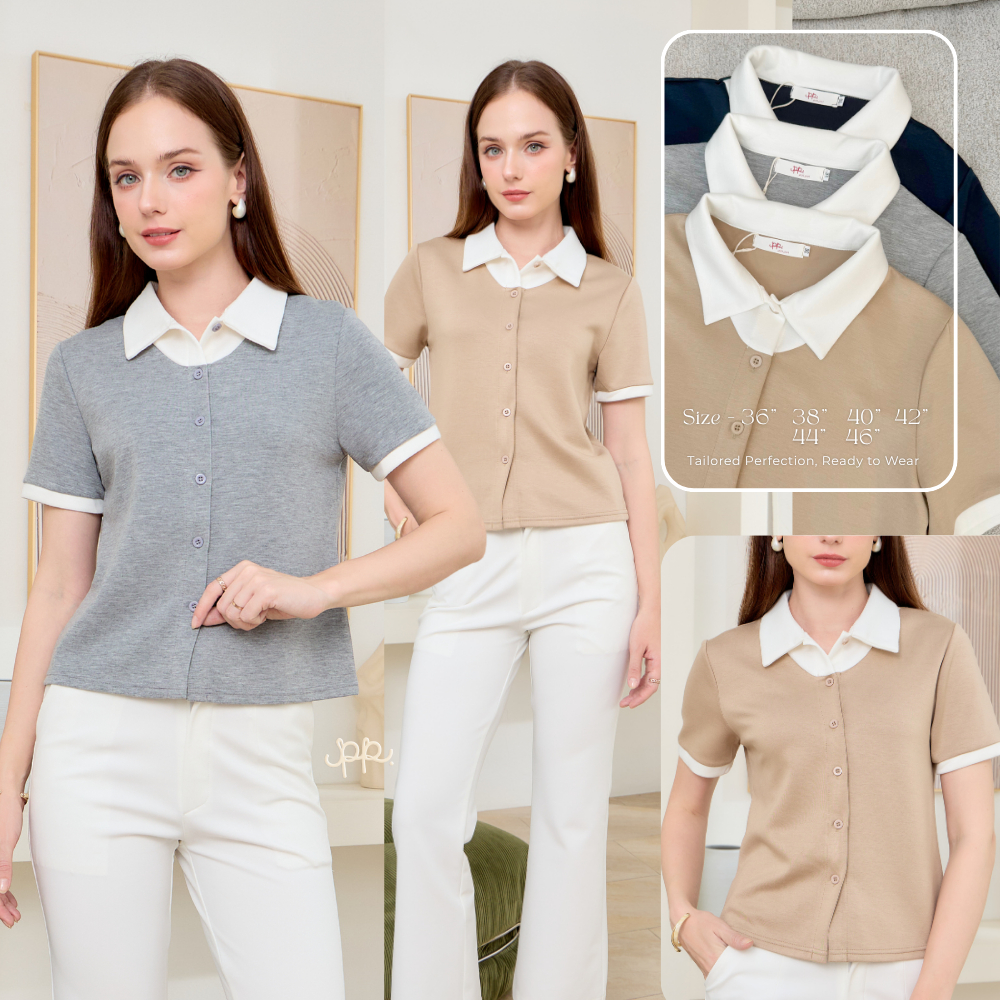 POI เสื้อผ้ามาร์ชเมลโล่คอปกกระดุมหน้า T044E7