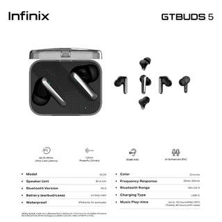 Infinix GTBuds 5 หูฟังเกมมิ่งไร้สาย | ANC 50dB ตัดเสียงรบกวน | ความหน่วงต่ำ 44ms | AI ENC | ประกันศูนย์ไทย 12 เดือน
