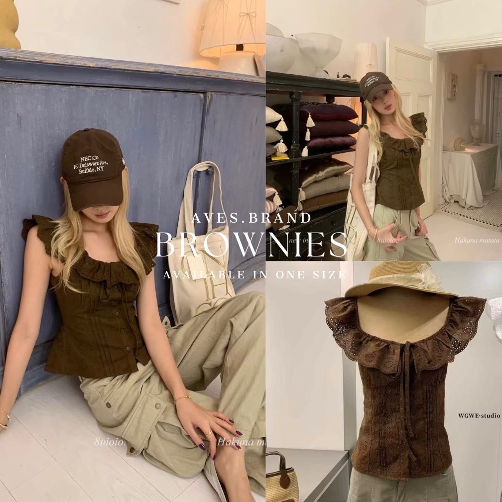 AVES.BRAND BROWNIES BLOUSE เสื้อลูกไม้ฉลุ สีน้ำตาล