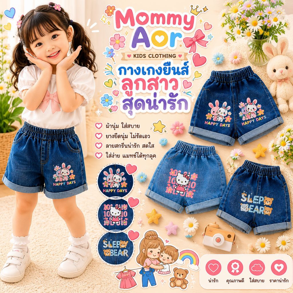 กางเกงยีนส์เด็กผู้หญิง ขาสั้น เอวยืด สกรีนลายสุดคิ้วท์(G45)
