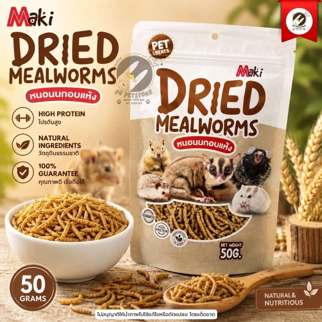 หนอนนก อบแห้ง Maki Dried Mealworms (ขนาด50 กรัม) อุดมไปด้วยโปรตีนสูงและไขมันต่ำ สำหรับสัตว์ฟันแทะขนาดเล็ก