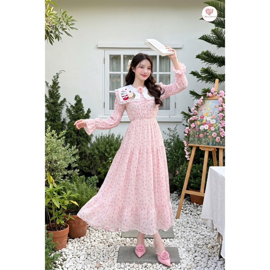 (มี3XL) Cafe Love You Dress เดรสยาวชีฟองพิมพ์ลายเอวสม็อค ผ้านิ่มสวย เบามาก แขนยาวสม็อค ปกงานปัก ซิปหลัง มีซับใน
