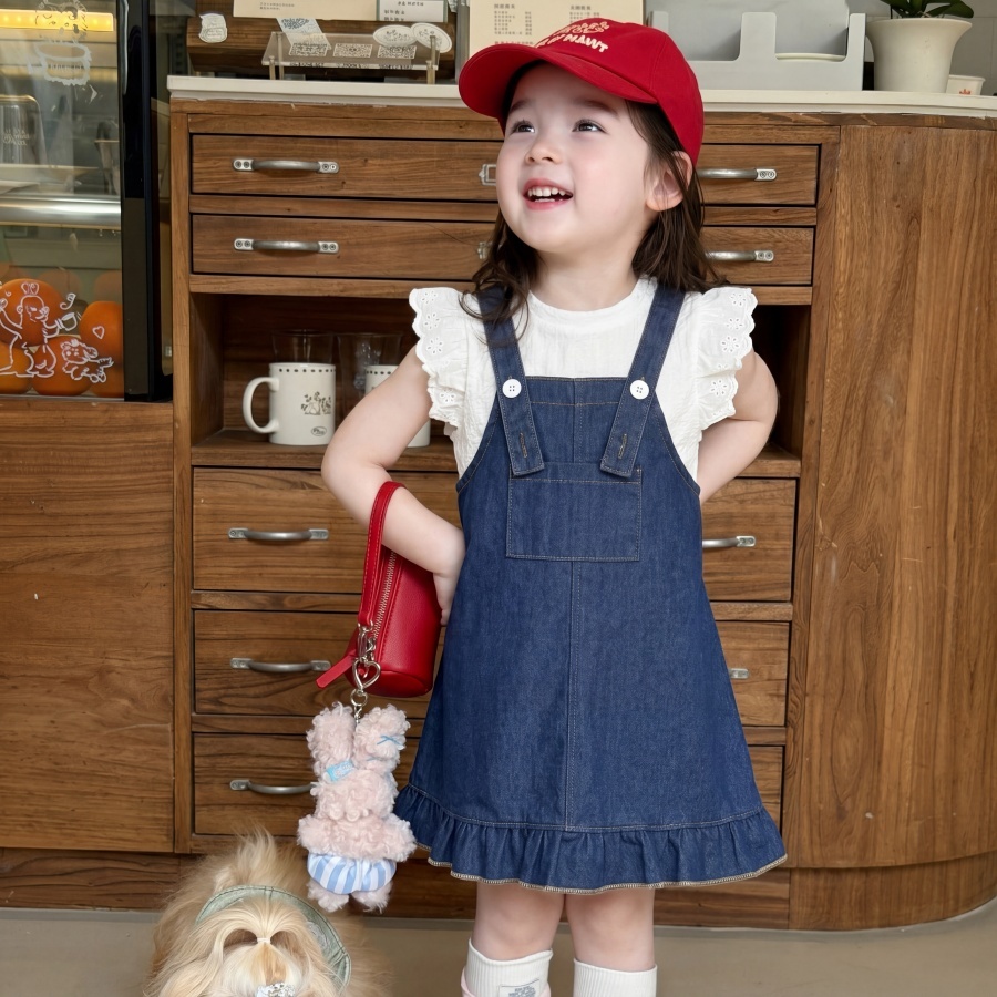 PRINCESS KESLI ชุดเดรสเด็กผู้หญิ ชุดเดรสยีนส์เด็ก เสื้อแขนกุดเด็กผู้หญิง 2 ชิ้น ระบายลมดี ไม่ร้อนอบอ้าว ใส่สบาย 2-12 ปี