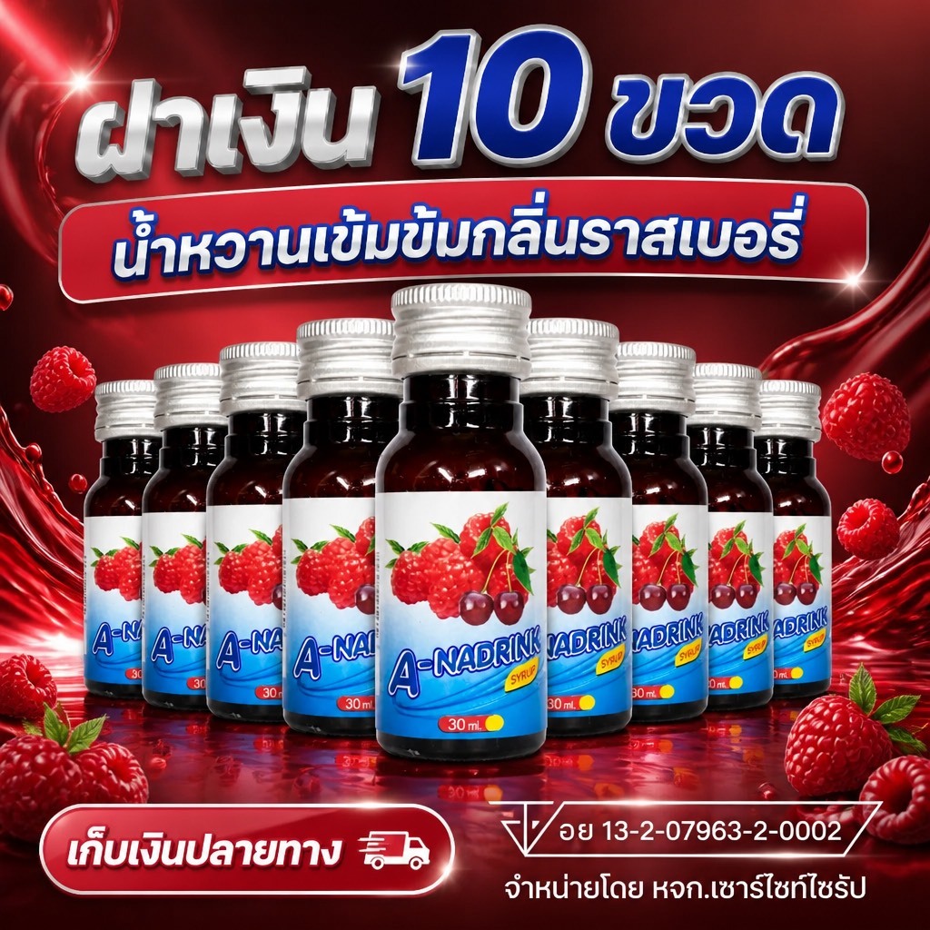 A-NADRINK SYRUP (น้ำหวานเข้มข้นกลิ่นเชอรี่ ) ตรา เอ-นาดริ้งค์ ขนาด 30 ml จำนวด 10 ขวด .....BK3-10