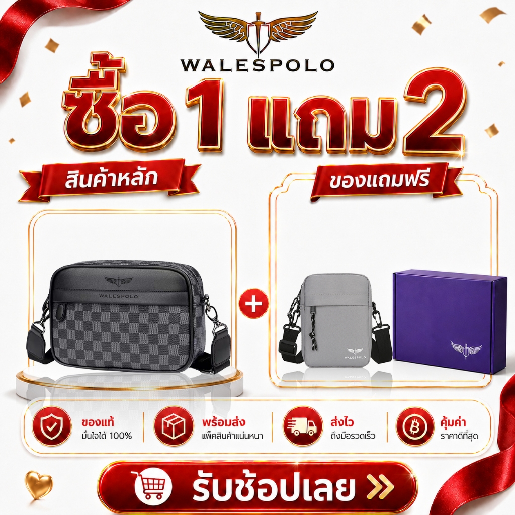 ดีลคุ้มซื้อ 1 แถม 2 กระเป๋าผู้ชาย WALESPOLO ลายตารางพรีเมียม เซ็ตกระเป๋าสะพายข้างพร้อมกระเป๋าแถมและกล่องของขวัญ สำหรับขอ