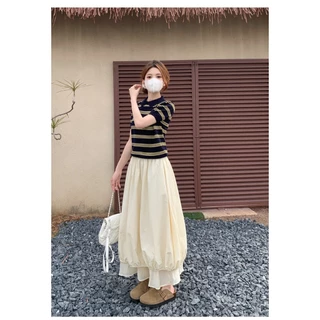 [W0385] กระโปรงบอลลูนยาวเลเยอร์ 2 ชั้น ต่อชายระบายด้านล่าง มีซับใน กระโปรงยาวทรงพอง สไตล์มินิมอล