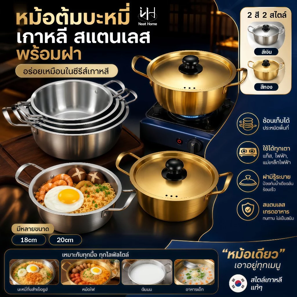KITCHEN หม้อ หม้อเกาหลี หม้อรามยอน หม้อสองหู พร้อมฝา หม้อทองเหลือง หม้อสแตนเลส หม้อมาม่า