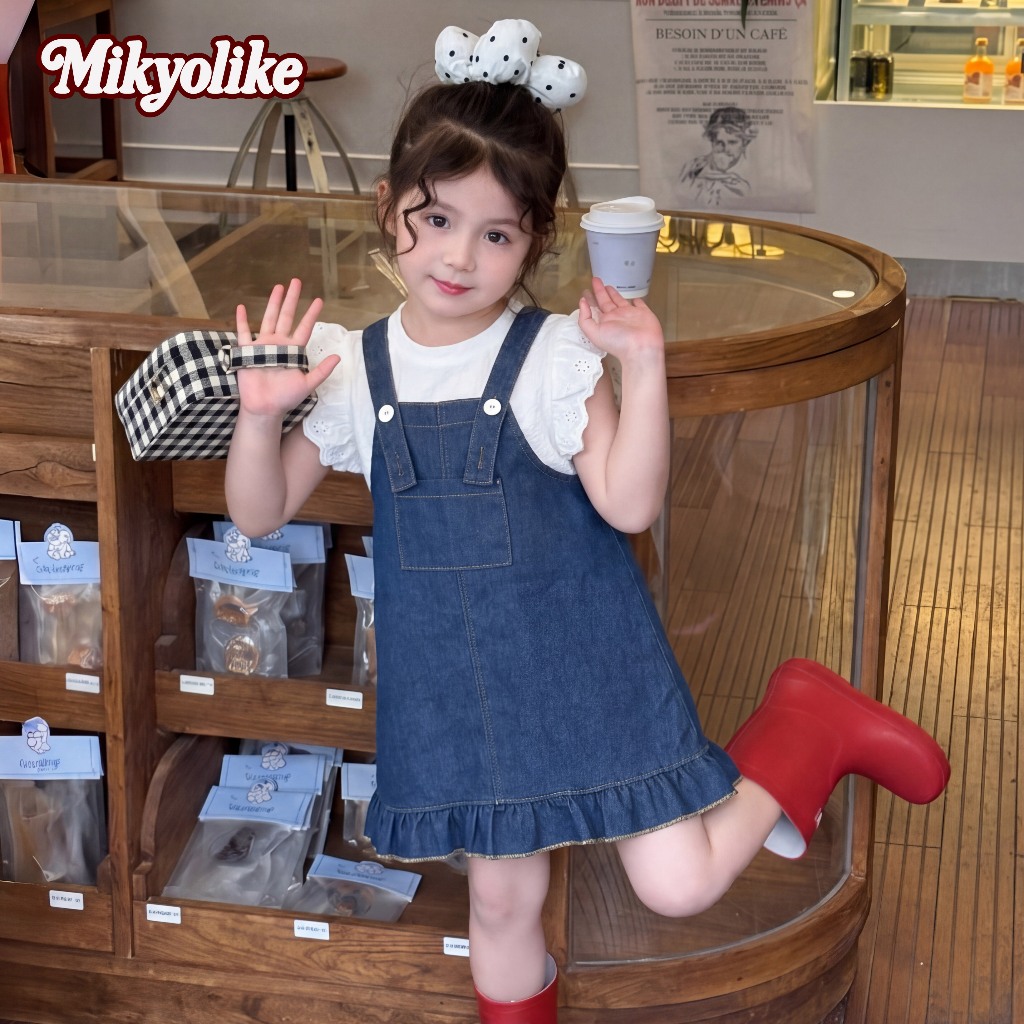 Mikyolike 2-12 ปี ชุดยีนส์เด็กผู้หญิง สไตล์เกาหลี มีซับใน แขนกุด ขอบลูกไม้ เสื้อ+เดนิม ชุดเดรสเด็กผู้หญิง
