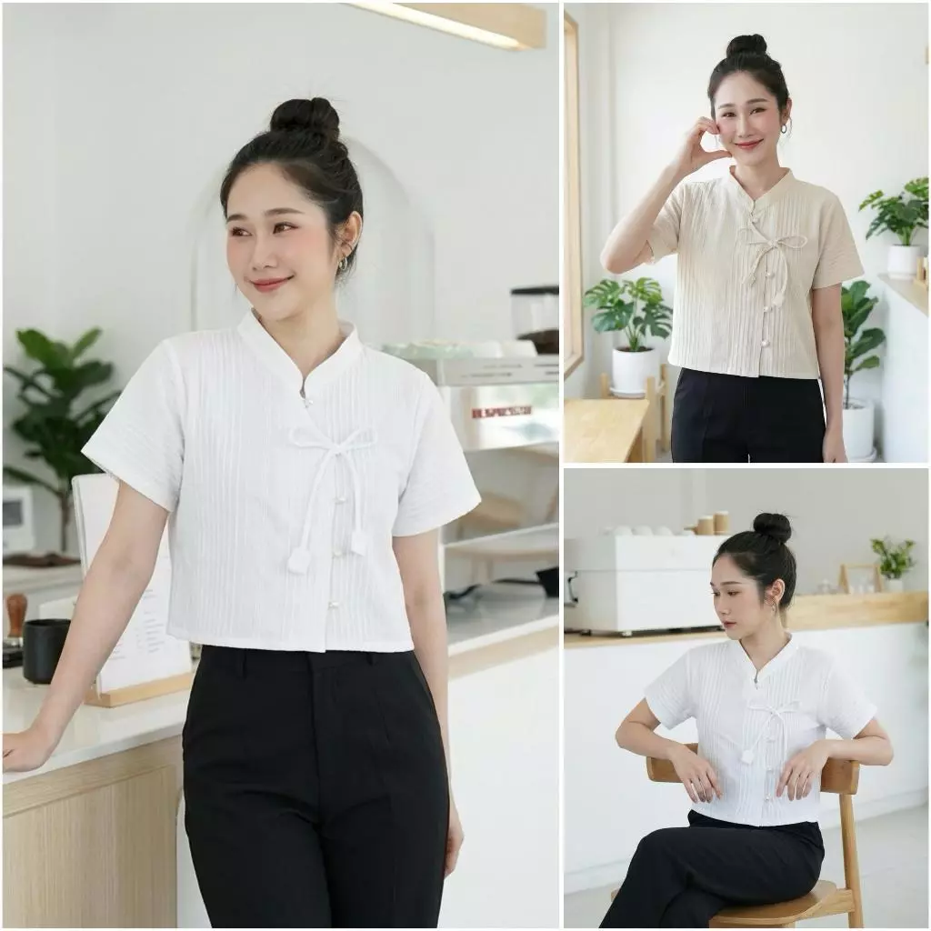 เสื้อผ้าฝ้ายด๊อบบี้ ผูกโบว์ดอกทิวลิป เนื้อนุ่มใส่สบาย ตัวผ้าทอลายนูนมีเอกลักษณ์