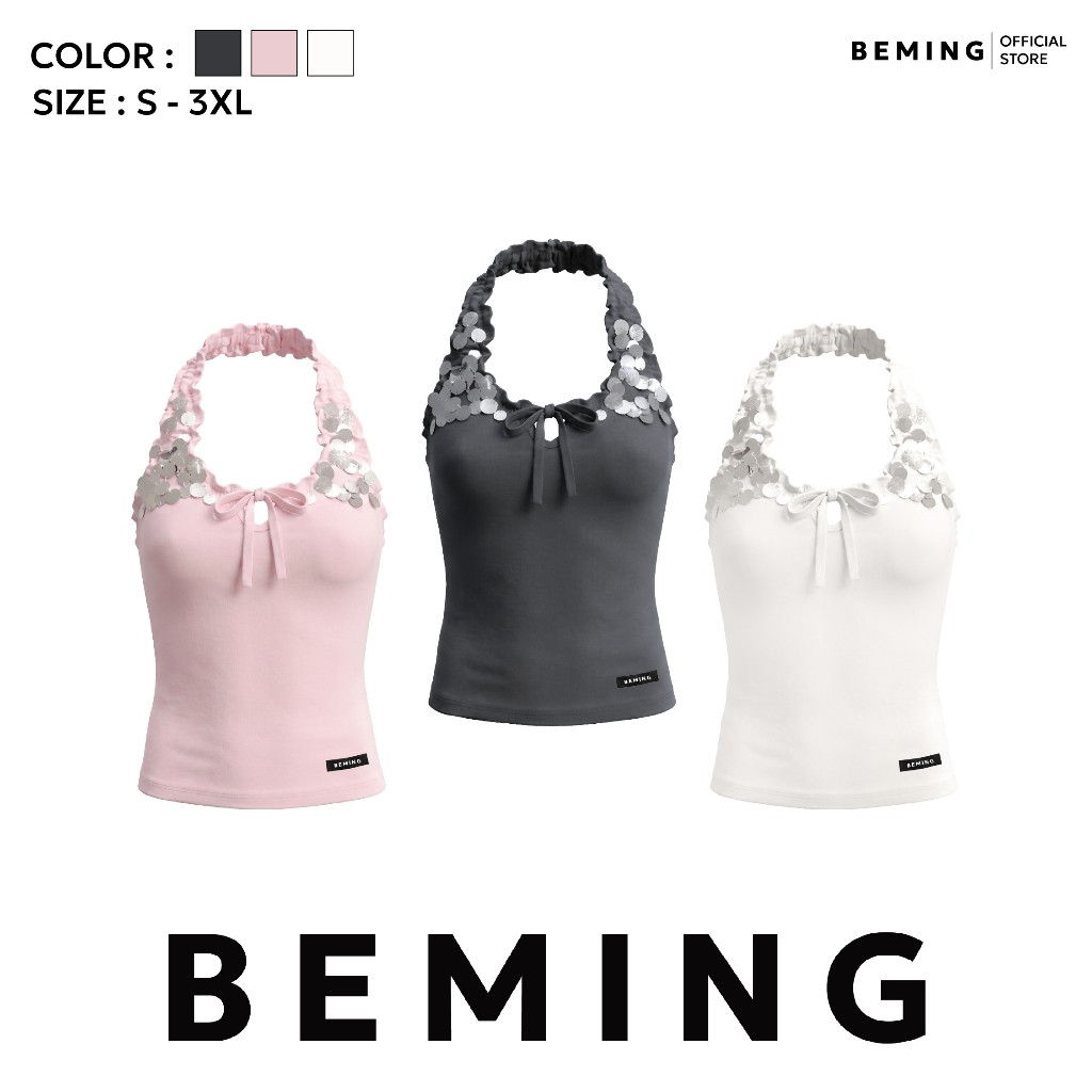 Bemingtop1216(S-3XL)-Libby Top - เสื้อคล้องคอดีไซน์เลื่อมช่วงสาย ที่ช่วยให้ลุคดูมีลูกเล่นและสะดุดตา