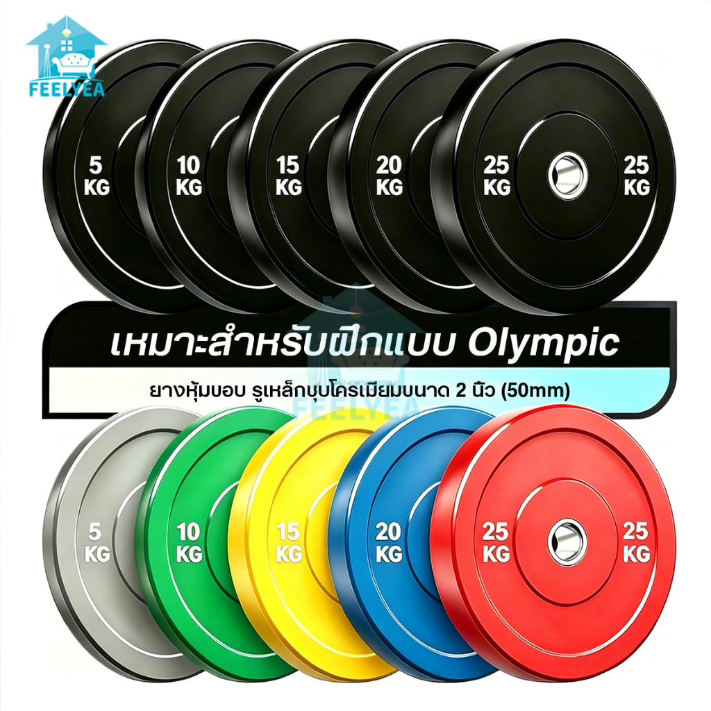 แผ่นน้ำหนักบั้มเปอร์เพลท Olympic แผ่นบาร์เบลคุณภาพสูง Bumper Plate (รู 2 นิ้ว) 5-25kg/แผ่น ป้องกันสนิม พร้อมส่งฟรี y