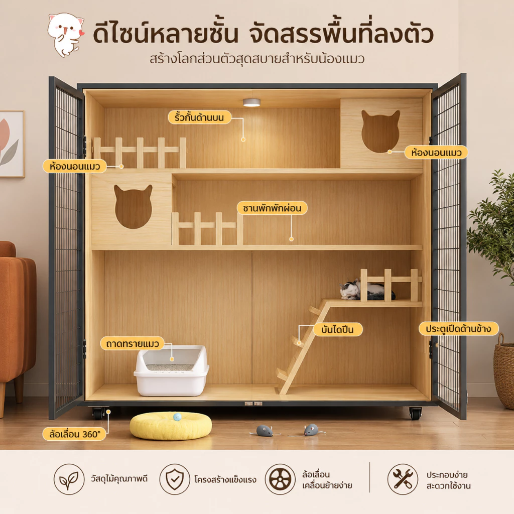 😺 สินค้าอยู่ในไทย พร้อมส่ง 🐱 กรงแมว กรงขังแมว มีแสงสว่าง Pet Cage วิลล่าแมวไม้ กรงเเมวอพาร์ทเมนต์แมวไม้เนื้อแข็ง บ้านแมว thumbnail 10