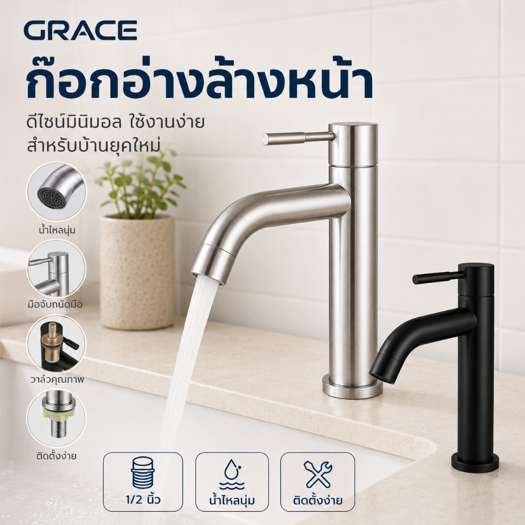 Grace ก๊อกน้ำอ่างล้างหน้า สแตนเลสแท้ กันสนิม ใช้งานได้ยาวนาน