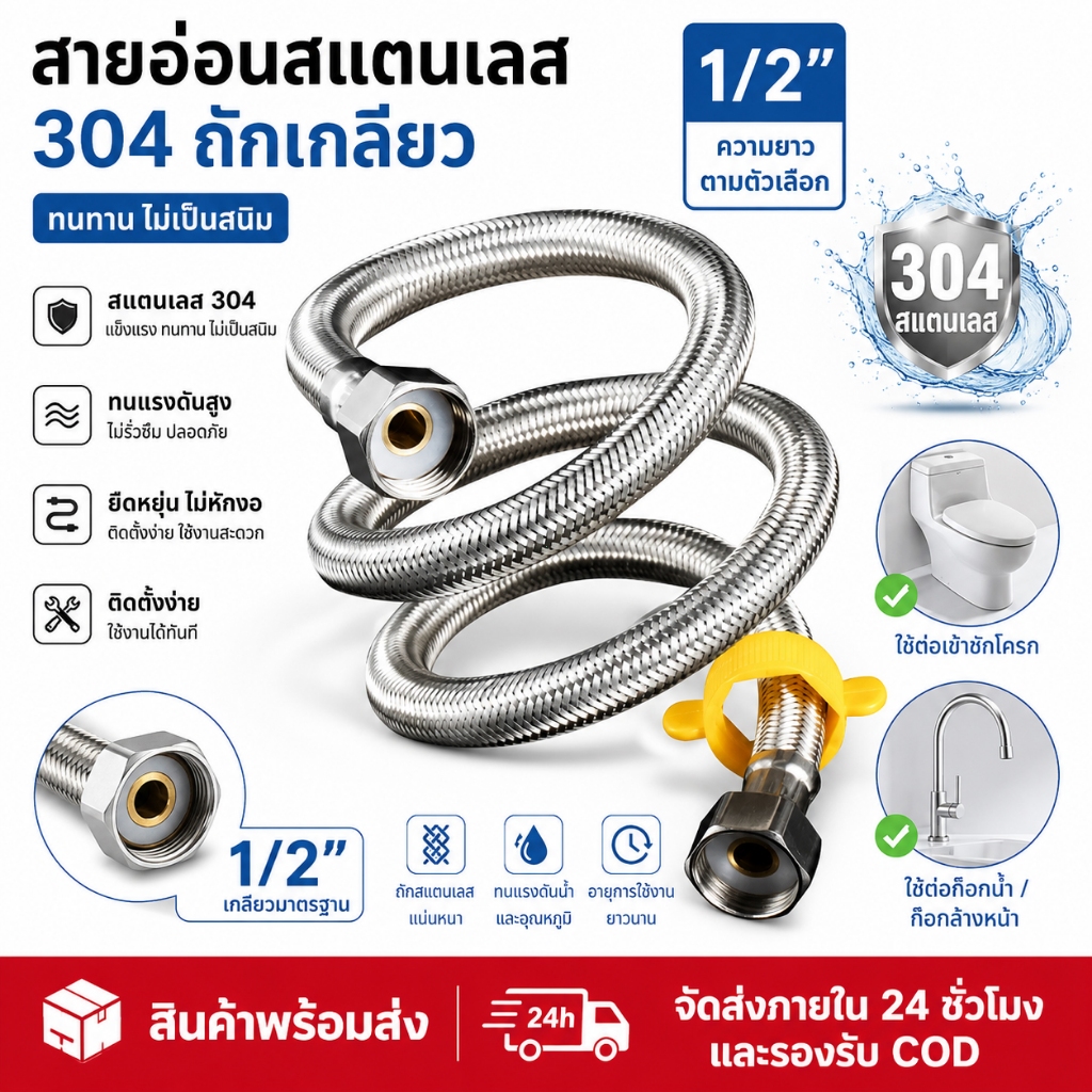 ท่อ 4 ทาง สแตนเลส สายน้ำเข้าอ่างล้างจาน อ่างล้างหน้า เครื่องทำน้ำอุ่น ขันสกรูง่าย หนา ทนทาน